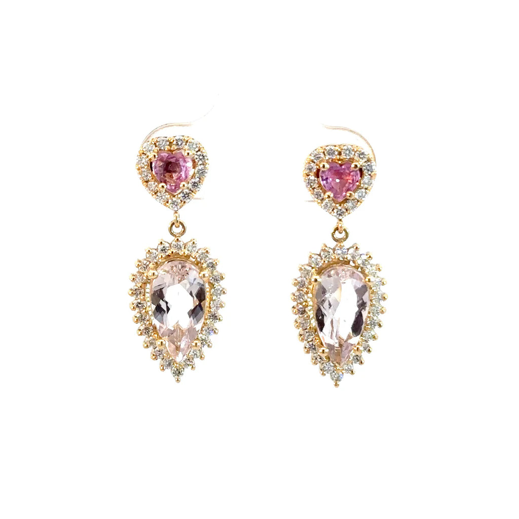 Aretes corazón zafiro rosado con morganitas y diamantes.