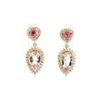 Aretes corazón zafiro rosado con morganitas y diamantes.