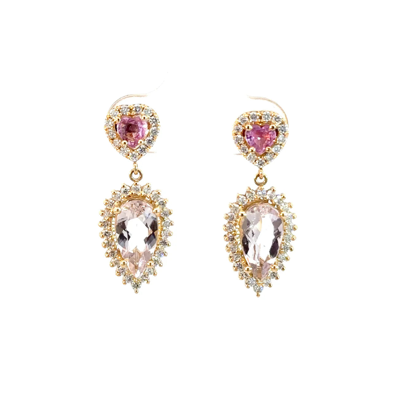 Aretes corazón zafiro rosado con morganitas y diamantes.
