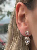 Aretes corazón zafiro rosado con morganitas y diamantes.