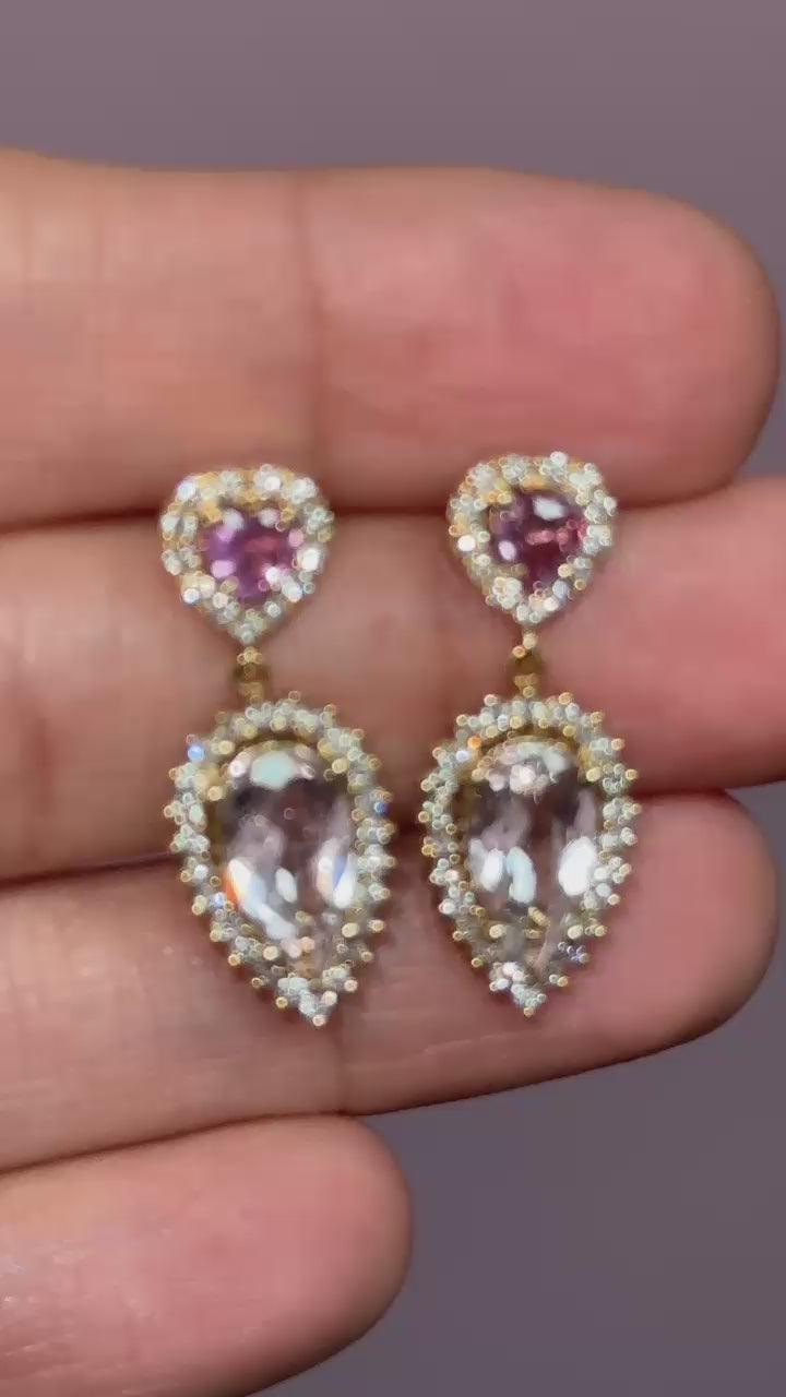 Aretes corazón zafiro rosado con morganitas y diamantes.